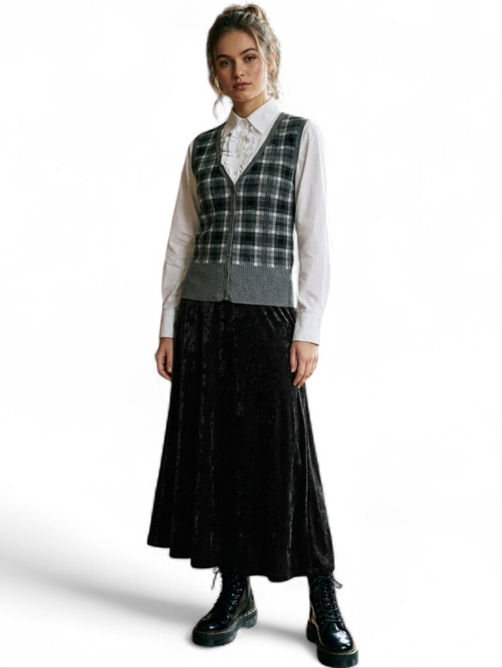 Whimsigoth 90's Plaid Button-Front Sweater Vest Layered Ruffle Blouse SZ M